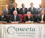 The Coweta County Board of Education has received a “Quality Board” designation by the Georgia School Boards Association (GSBA).  Coweta school board members include (L-R front row) Chairman Winston Dowdell, Vice-Chairman Harry Mullins, Sue Brown and Frank Farmer; and (back row) Larry Robertson, Amy Dees, Graylin Ward, Superintendent Steve Barker and Assistant Superintendent Marc Guy. Photo/Special.